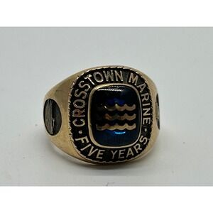 Crosstown Marine Five Years 10K Gold Ring Blue‎ Stone HLE Engraved